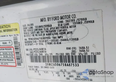 2005 Ford Freestar S из США, поврежденный, VIN 2FMZA50675BA87533